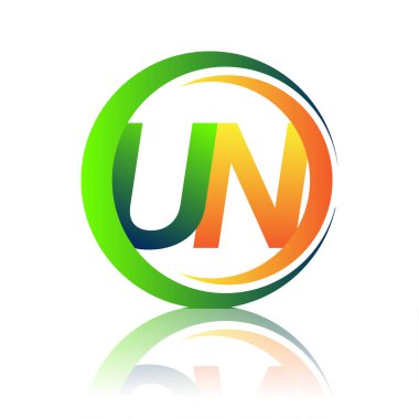 İlk harf logosu Birleşmiş Milletler şirketinin daire ve swoosh tasarımında yeşil ve turuncu rengi. İş ve şirket kimliği için vektör logosu.