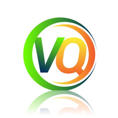 İlk harf logosu VQ şirketi daire ve swoosh tasarımında yeşil ve turuncu renkli. İş ve şirket kimliği için vektör logosu.