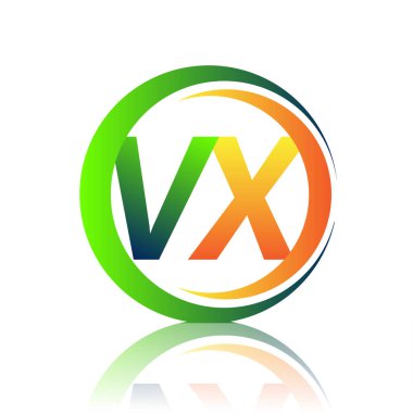 İlk harf logosu VX şirketi daire ve swoosh tasarımında yeşil ve turuncu renkli. İş ve şirket kimliği için vektör logosu.
