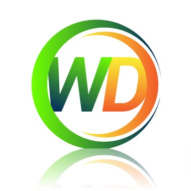İlk harf logosu WD şirketi daire ve swoosh tasarımında yeşil ve turuncu renkli. İş ve şirket kimliği için vektör logosu.