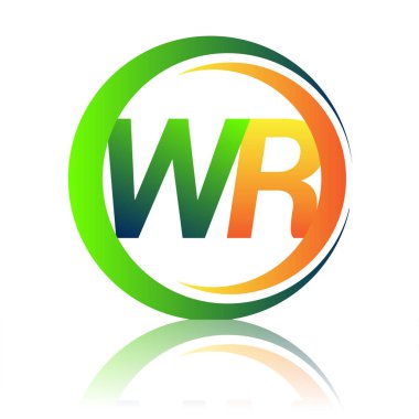 İlk harf logosu WR şirketi daire ve swoosh tasarımında yeşil ve turuncu renkli. İş ve şirket kimliği için vektör logosu.