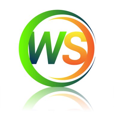 İlk harf logosu WS şirketi daire ve swoosh tasarımında yeşil ve turuncu renkli. İş ve şirket kimliği için vektör logosu.