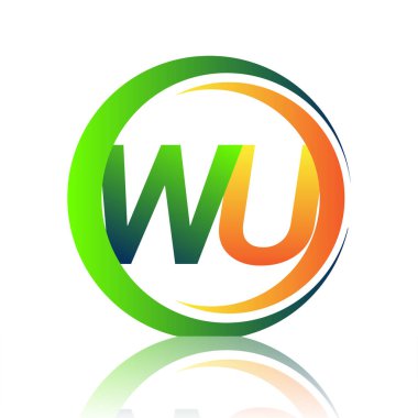 İlk harf logosu WU şirketinin adı yeşil ve turuncu renkli daire ve swoosh tasarımı. İş ve şirket kimliği için vektör logosu.