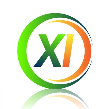 İlk harf logosu XI şirket adı yeşil ve turuncu renkli daire ve swoosh tasarımı. İş ve şirket kimliği için vektör logosu.