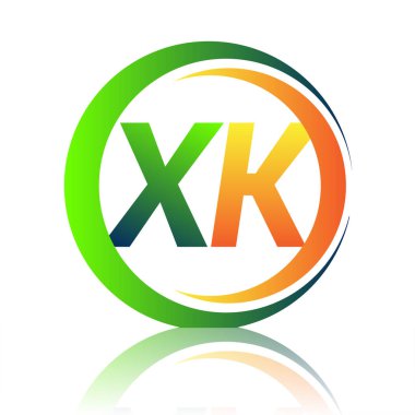 İlk harf logosu XK şirketi yeşil ve turuncu renkli daire ve swoosh tasarımlı. İş ve şirket kimliği için vektör logosu.