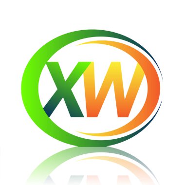 İlk harf logosu XW şirket adı yeşil ve turuncu renkli daire ve swoosh tasarımı. İş ve şirket kimliği için vektör logosu.
