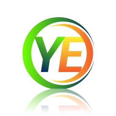 İlk harf YE şirket adı yeşil ve turuncu renkli daire ve swoosh tasarımı. İş ve şirket kimliği için vektör logosu.