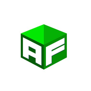 Altıgen şekilli ve yeşil arkaplanlı AF logosu, şirket kimliği için harf tasarımlı küp logosu.