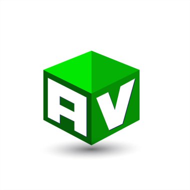 Altıgen şekilli ve yeşil arkaplanlı AV logosu, şirket kimliği için harf tasarımlı küp logosu.
