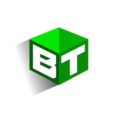 Altıgen şekilli ve yeşil arkaplanlı B.T logosu, şirket kimliği için harf tasarımlı küp logosu.