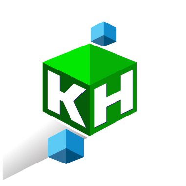 Altıgen şekilli ve yeşil arkaplanlı KH logosu, şirket kimliği için harf tasarımlı küp logosu.