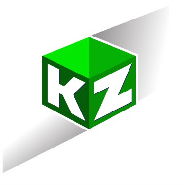 Altıgen şekilli ve yeşil arkaplanlı KZ logosu, şirket kimliği için harf tasarımlı küp logosu.