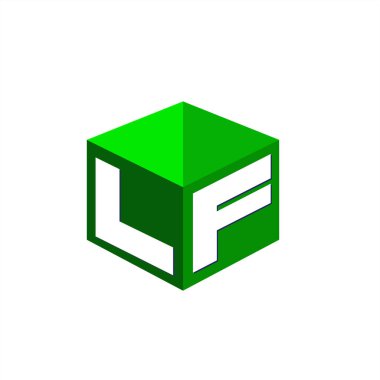 Altıgen şekilli ve yeşil arkaplanlı LF logosu, şirket kimliği için harf tasarımlı küp logosu.