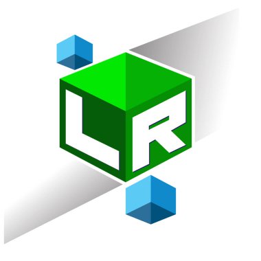Altıgen şekilli ve yeşil arkaplanlı LR logosu, şirket kimliği için harf tasarımlı küp logosu.