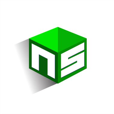 Altıgen şekilli ve yeşil arkaplanlı NS harfi logosu, şirket kimliği için harf tasarımlı küp logosu.