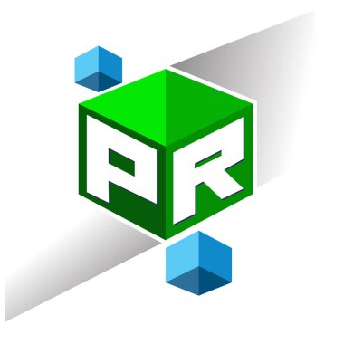 Altıgen şekilli ve yeşil arkaplanlı PR logosu, şirket kimliği için harf tasarımlı küp logosu.