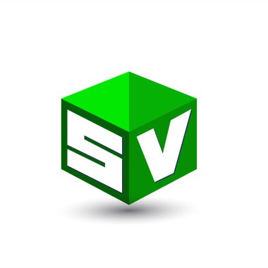 Altıgen şekilli ve yeşil arkaplanlı SV logosu, şirket kimliği için harf tasarımlı küp logosu.
