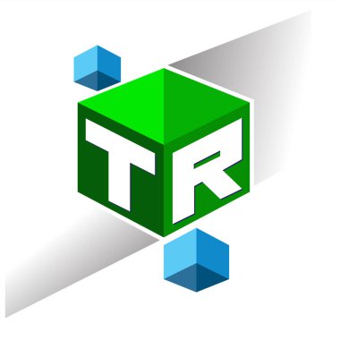 Altıgen şekilli ve yeşil arkaplanlı TR logosu, şirket kimliği için harf tasarımlı küp logosu.