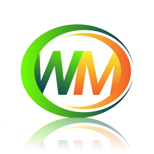 首字母标识Wm公司名称绿色和橙色圆形和斜纹图案 企业和公司标识的向量标志类型 — 图库矢量图片