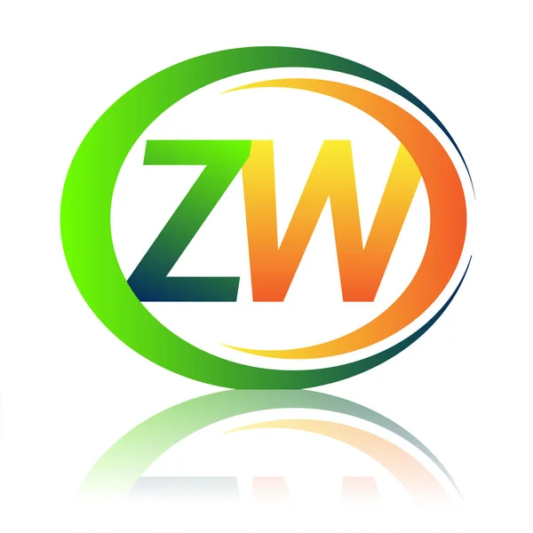 首字母标识Zw公司名称绿色和橙色圆形和斜纹图案 企业和公司标识的向量标志类型 — 图库矢量图片