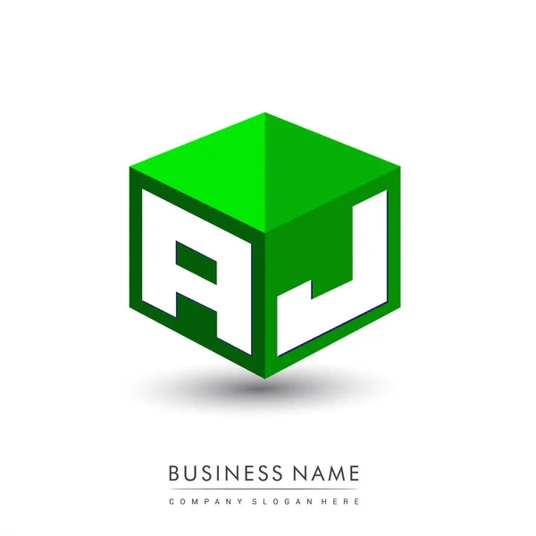 字母Aj六边形和绿色背景标识 立方体标识和字母设计用于公司标识 — 图库矢量图片