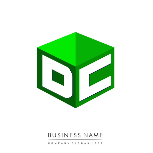 六角形の形と緑の背景に文字Dcロゴ 会社のアイデンティティのための文字デザインとキューブのロゴ — ストックベクタ