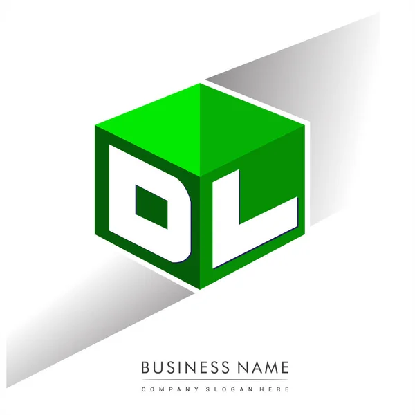 六角形と緑の背景に文字Dlのロゴ 会社のアイデンティティのための文字デザインとキューブのロゴ — ストックベクタ