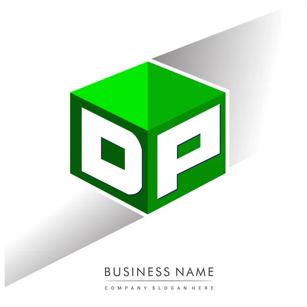 六边形绿色背景的字母Dp标识 带有公司标识字母设计的立方体标识 — 图库矢量图片