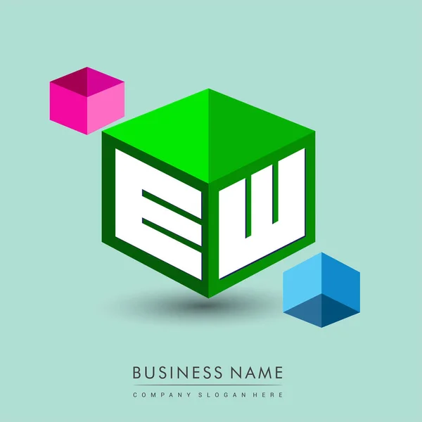 字母Ew六边形和绿色背景标识 立方体标识和字母设计用于公司标识 — 图库矢量图片