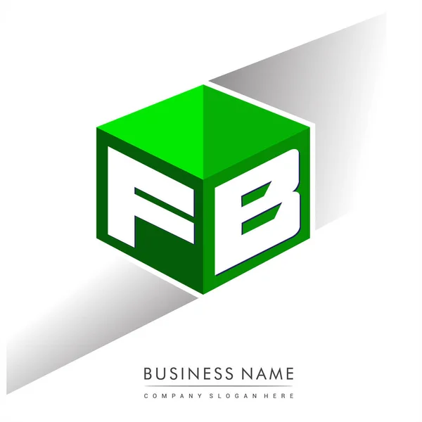 六角形の形と緑の背景に文字Fbのロゴ 会社のアイデンティティのための文字のデザインとキューブのロゴ — ストックベクタ