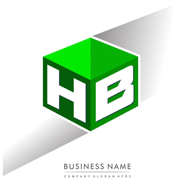 六角形の形と緑の背景に文字Hbロゴ 会社のアイデンティティのための手紙デザインのキューブのロゴ — ストックベクタ