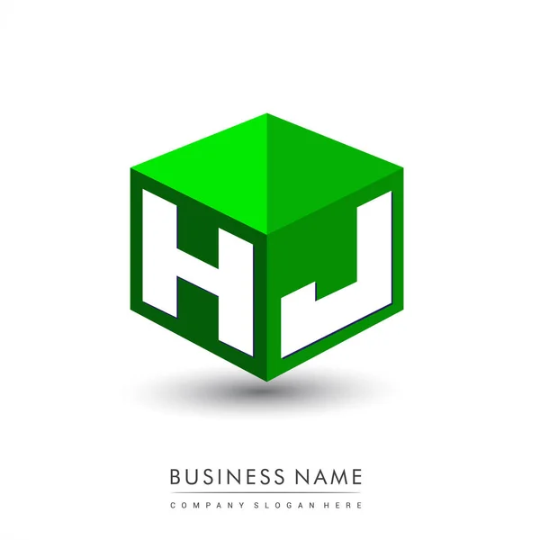 六边形绿色背景字母Hj标识 带有公司标识字母设计的立方体标识 — 图库矢量图片