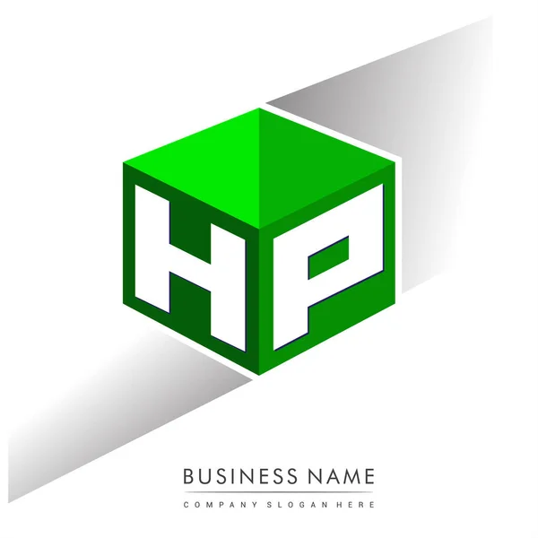 六角形と緑の背景に文字Hpのロゴ 会社のアイデンティティのための文字デザインのキューブのロゴ — ストックベクタ