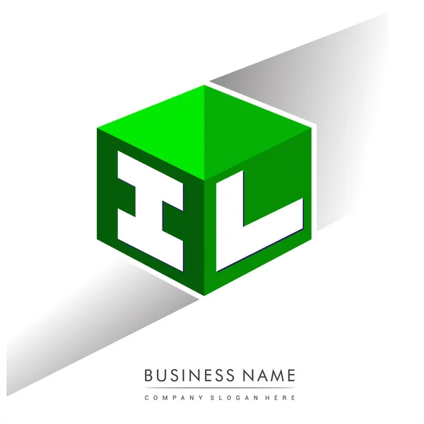 六角形の形と緑の背景に文字Ilのロゴ 会社のアイデンティティのための文字のデザインとキューブのロゴ — ストックベクタ