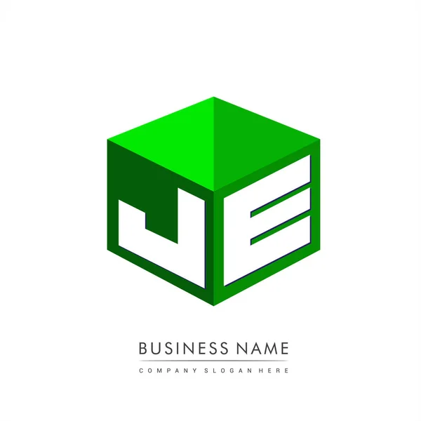 六边形绿色背景字母Je标识 带有公司标识字母设计的立方体标识 — 图库矢量图片