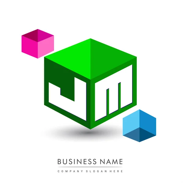 六边形绿色背景字母Jm标识 带有公司标识字母设计的立方体标识 — 图库矢量图片