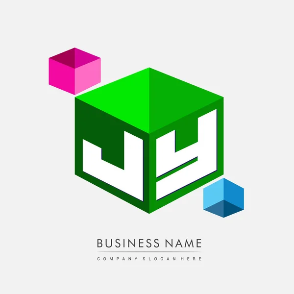 六边形绿色背景字母Jy标识 带有公司标识字母设计的立方体标识 — 图库矢量图片
