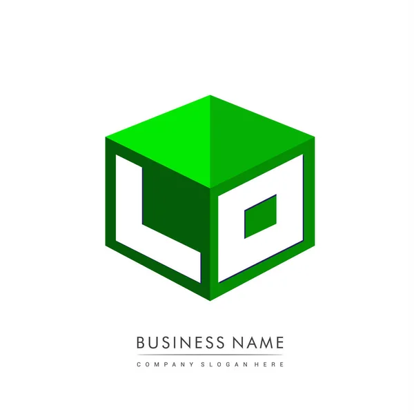 六角形と緑の背景に文字Loロゴ 会社のアイデンティティのための文字デザインとキューブのロゴ — ストックベクタ
