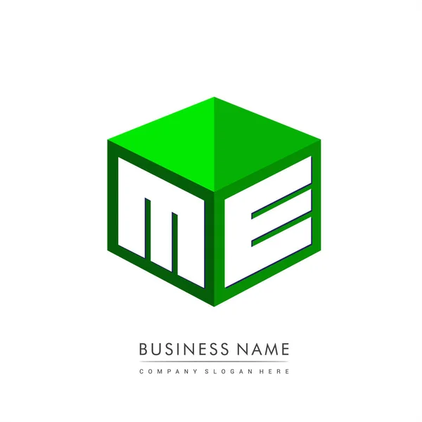 六边形绿色背景的字母Me标识 带有公司标识字母设计的立方体标识 — 图库矢量图片