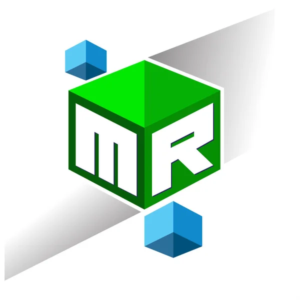 六角形と緑の背景に文字Mrのロゴ 会社のアイデンティティのための文字デザインとキューブのロゴ — ストックベクタ
