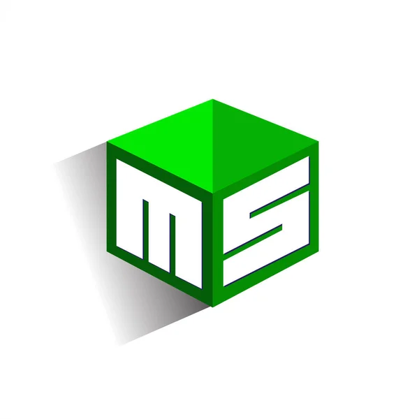 六角形と緑の背景に文字Msのロゴ 会社のアイデンティティのための文字デザインのキューブのロゴ — ストックベクタ