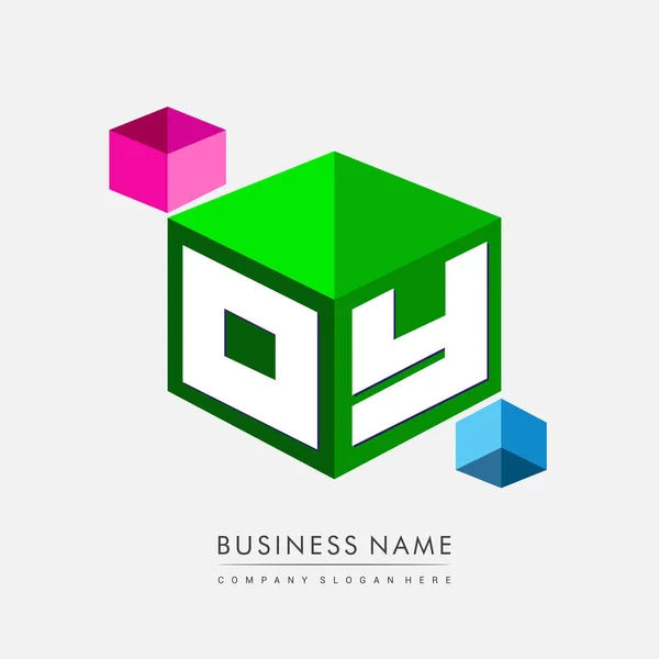 六角形と緑の背景に文字Oyロゴ 会社のアイデンティティのための文字デザインとキューブのロゴ — ストックベクタ