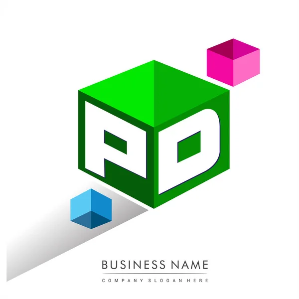 六边形绿色背景的字母Pd标识 带有公司标识字母设计的立方体标识 — 图库矢量图片