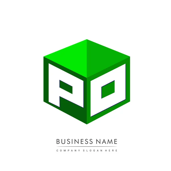 六边形绿色背景字母Po标识 带有公司标识字母设计的立方体标识 — 图库矢量图片