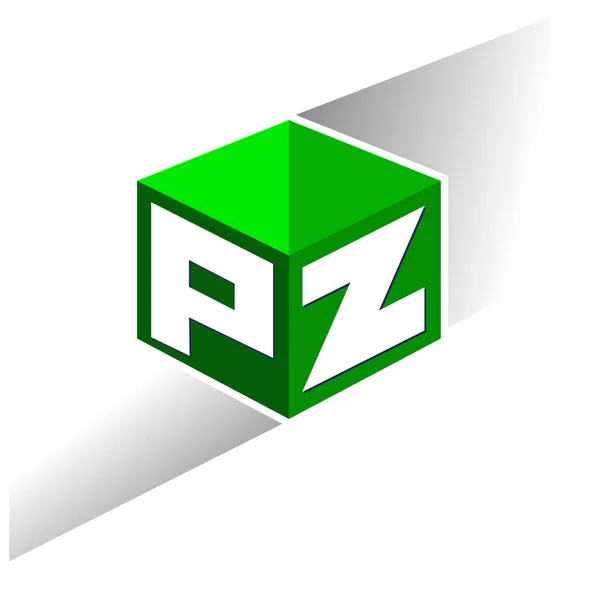六角形の形状と緑の背景に手紙Pzロゴ 会社のアイデンティティのための手紙デザインとキューブのロゴ — ストックベクタ