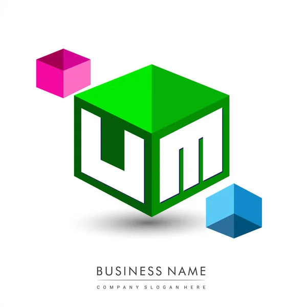 六边形绿色背景字母Um标识 带有公司标识字母设计的立方体标识 — 图库矢量图片