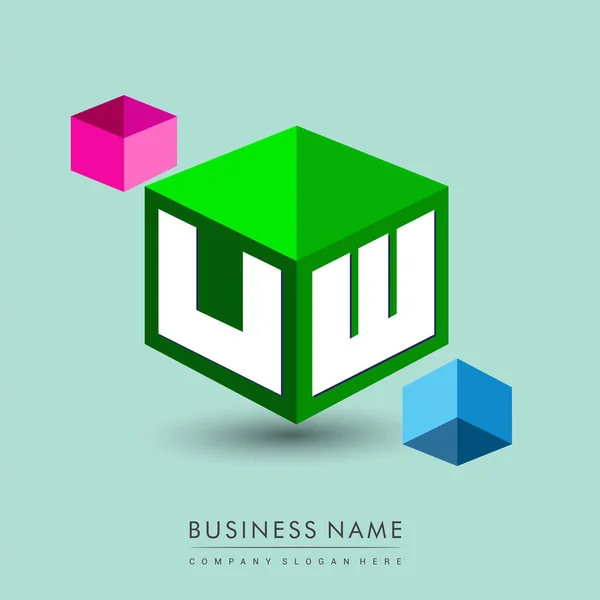 六边形绿色背景的字母Uw标识 带有公司标识字母设计的立方体标识 — 图库矢量图片