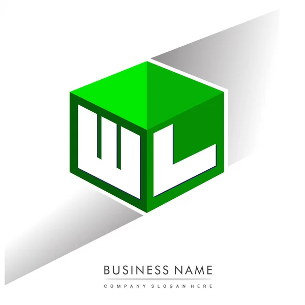 六角形と緑の背景に文字Wlのロゴ 会社のアイデンティティのための文字のデザインとキューブのロゴ — ストックベクタ