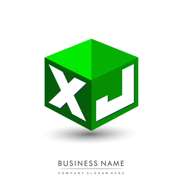 六角形と緑の背景に文字Xjのロゴ 会社のアイデンティティのための文字デザインとキューブのロゴ — ストックベクタ