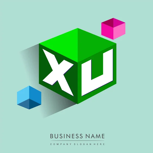 六边形绿色背景的字母Xu标识 带有公司标识字母设计的立方体标识 — 图库矢量图片